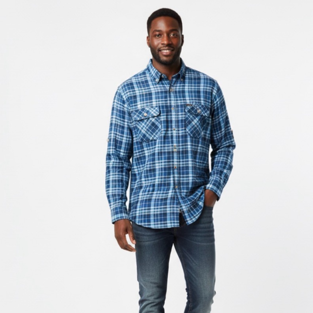 Duluth Co Mens Shirt Tall XL Blue Plaid Roll Sleeve‎ Breezeshooter Button Up